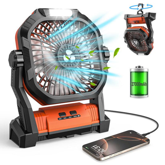 Portable Camping Fan, 27000Mah Cordless Battery Powered Fan with LED Lantern, 2 in 1 Portable Fan with 4 Speeds, USB C Battery Operated, Outdoor Fan for Outdoor Work, Hiking, Travel, Barbecue, Fishing, Tent